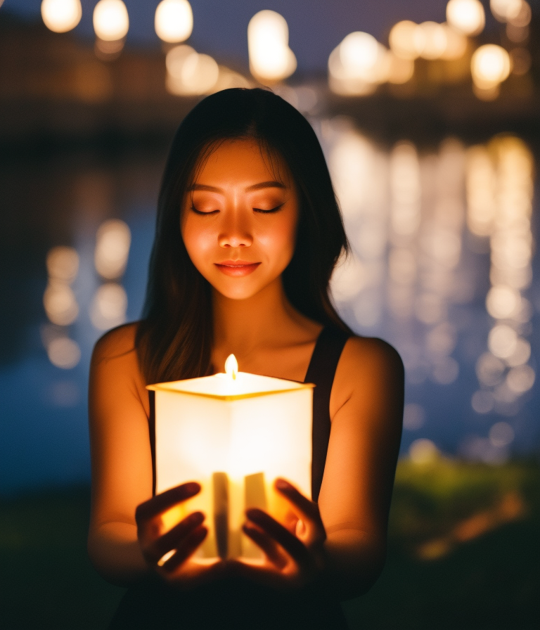 00652-1111180199-a realistic portrait of a beautiful woman holding a paper boat lantern in the dark, CHV3SDark, photo taken at night, on a dark b.png