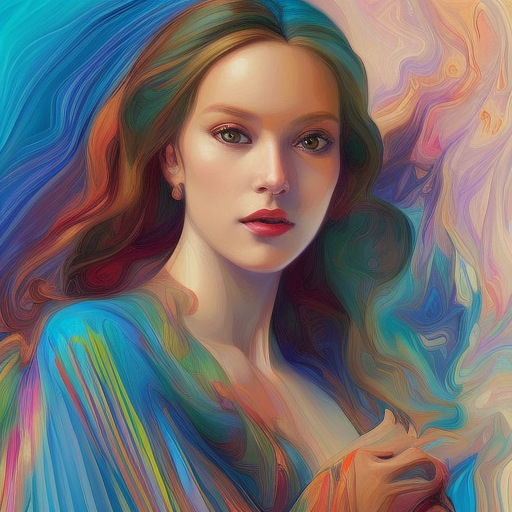 portrait of a beautiful woman, abstractswirls, long shot, masterpiece, by artgerm and mucha