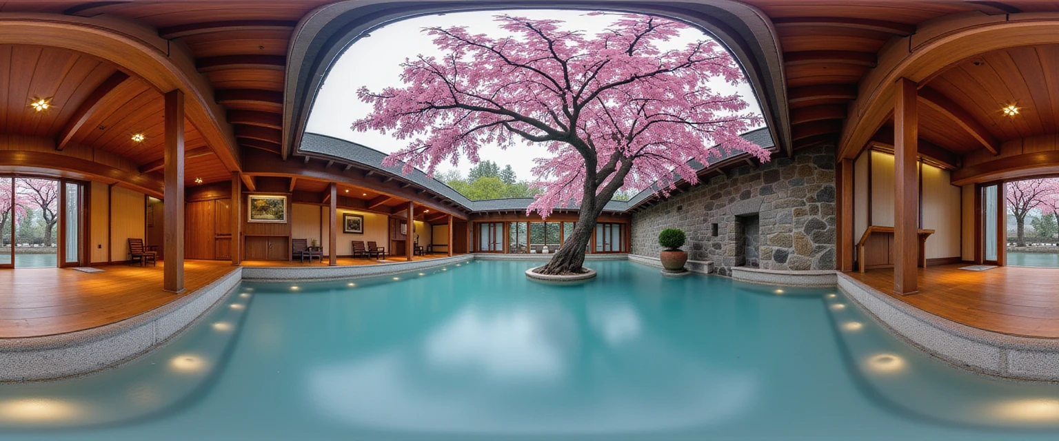 HDRI panoramic view of TOK, inside of a beautiful japanese onsen with sakura tree, hot baths.webp