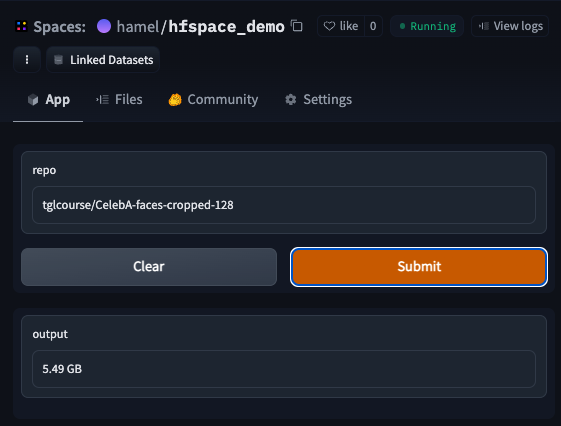 <a href="https://huggingface.co./spaces/hamel/hfspace_demo">A Gradio app</a> that shows the size of a HF Dataset.