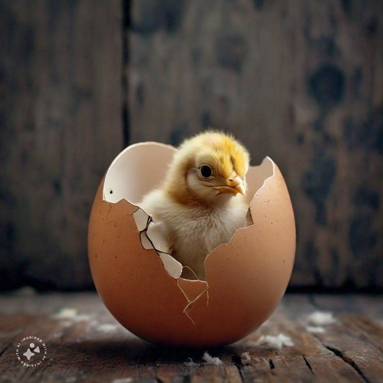 a DSLR photo of an eggshell broken in two with an adorable chick standing next to it.jpeg